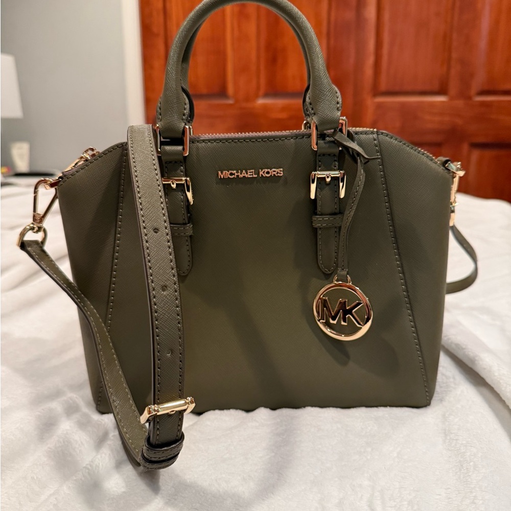 Michael Kors Collection Green Satchel with Gold Hardware
